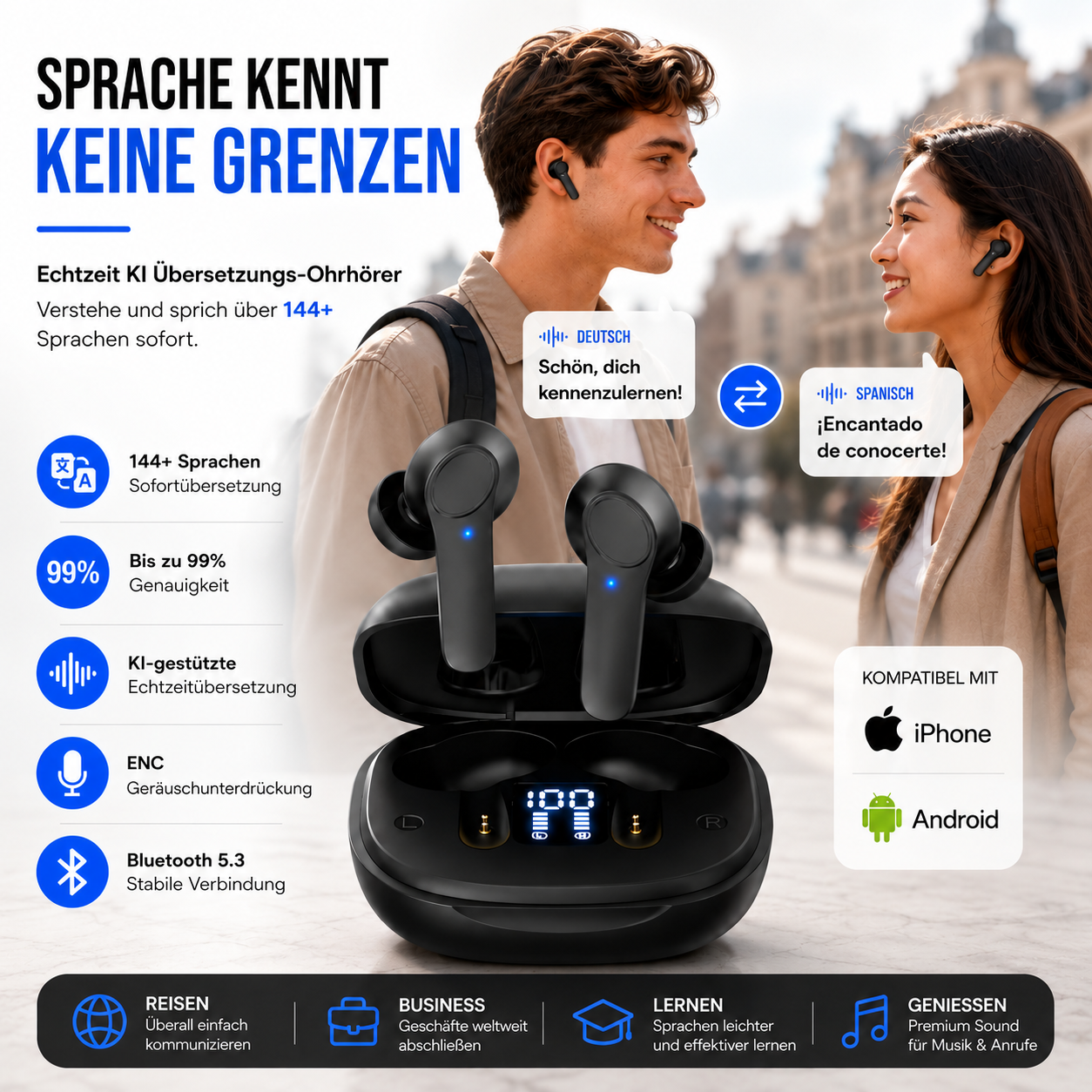 SprachWelt™ KI-Ohrhörer mit Echtzeitübersetzung